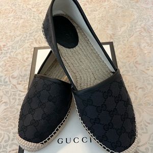 Gucci black monogram fabric espadrilles with leather trim